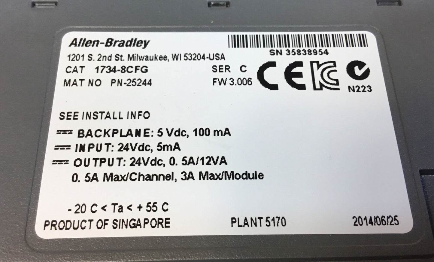 ALLEN BRADLEY  1734-8CFG /C  Sink In Source Out Module 24VDC  3E-17