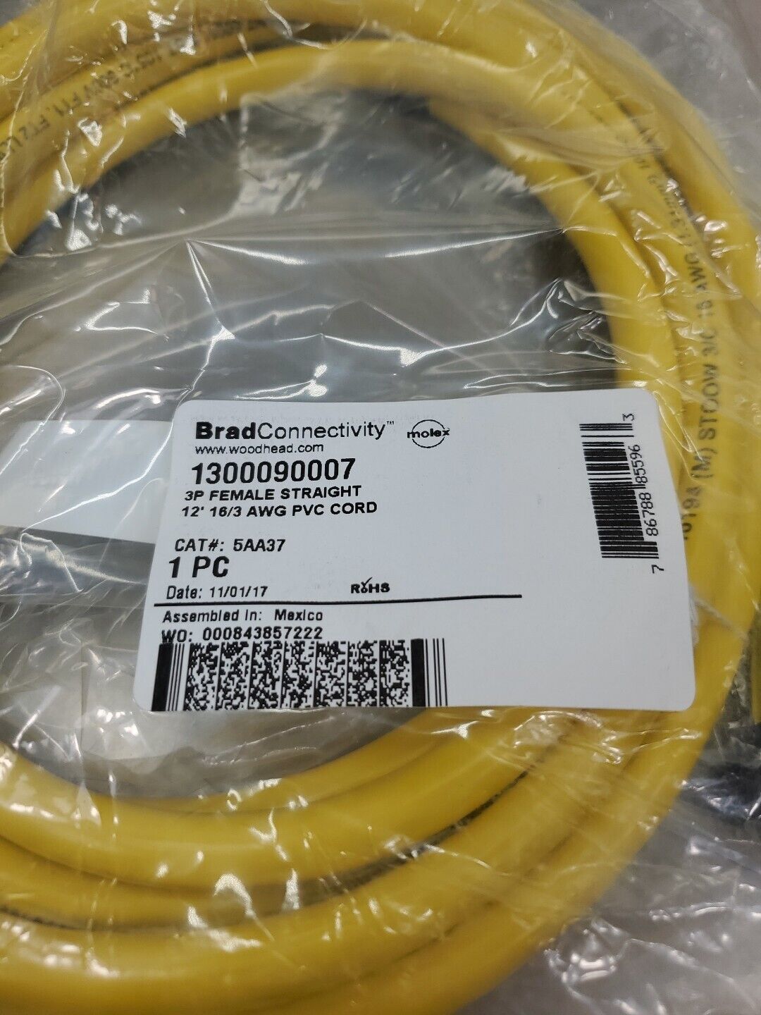 BRAD CONNECTIVITY 1300090007 3P FEMALE CORDSET 12’ PLC CABLE.              5D-17