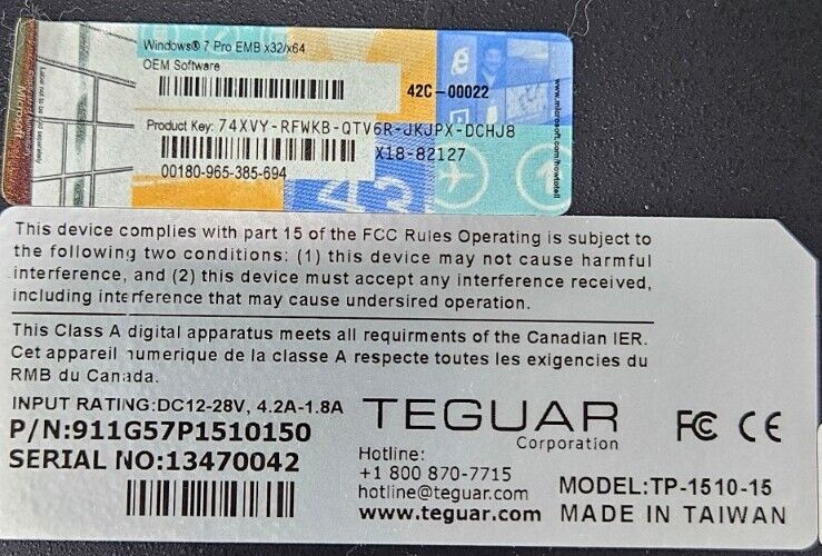 TEGUAR TP-4010-15 BKFTKFT J1900-2.0-4G-256G SSD Indust Touchscreen PC     Loc 3F