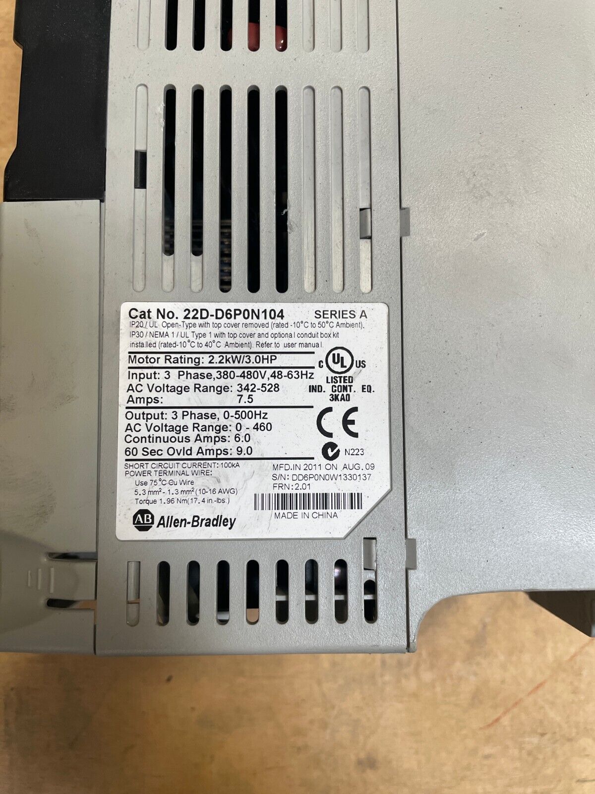 Allen Bradley PowerFlex 40P 22D-D2P3N104 - 3-Phase Variable Frequency Inverter