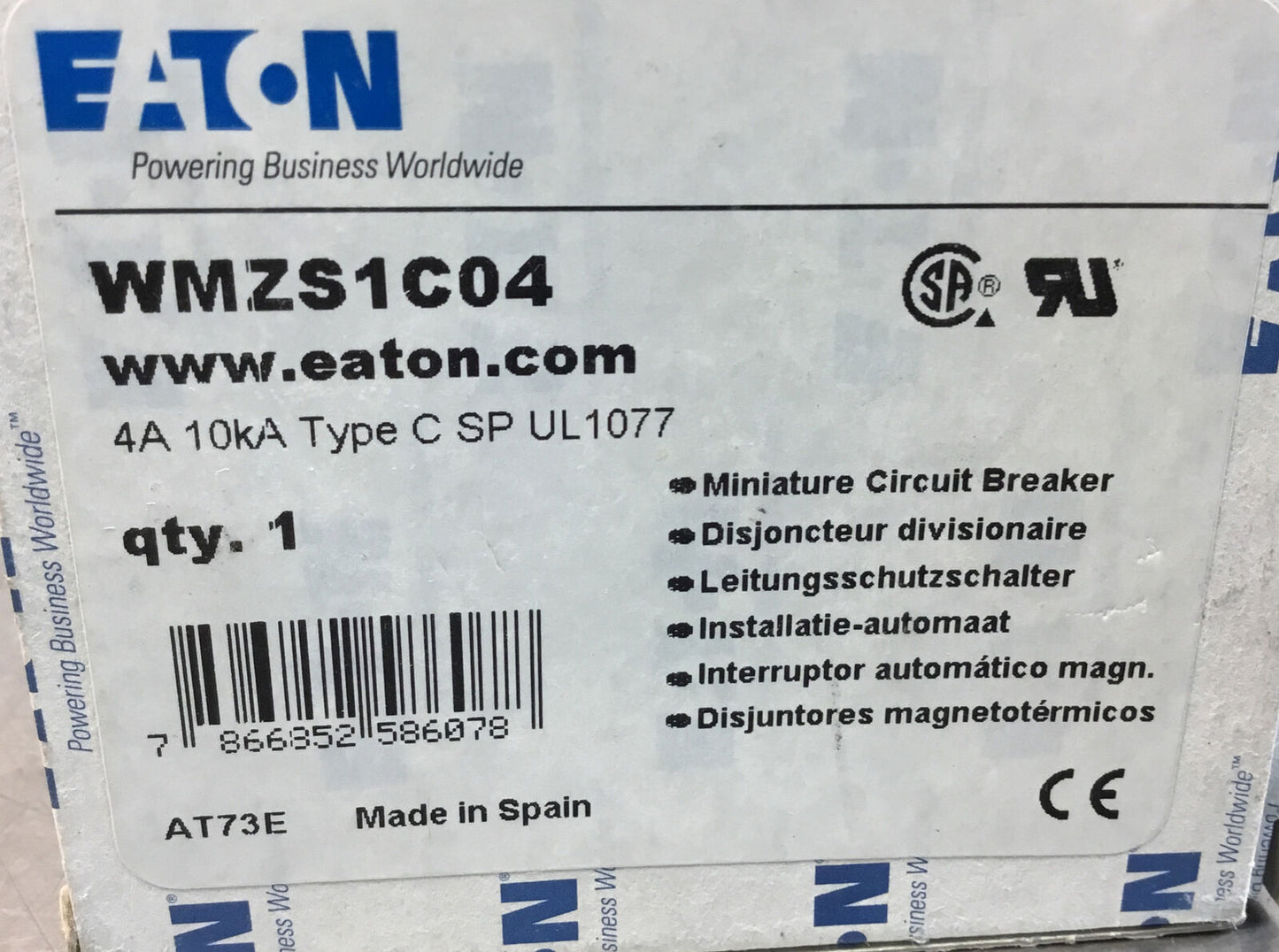 EATON  WMZS1C04  10kA 4 AMP  1-POLE TYPE C SP UL1077 CIRCUIT BREAKER   4H