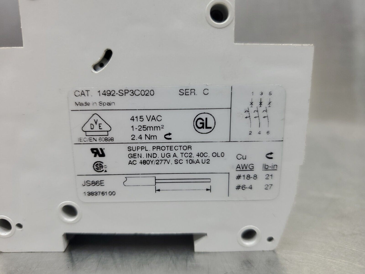 ALLEN BRADLEY 1492-SP3C020 Ser. C 415 VAC CIRCUIT BREAKER.                 4E-16