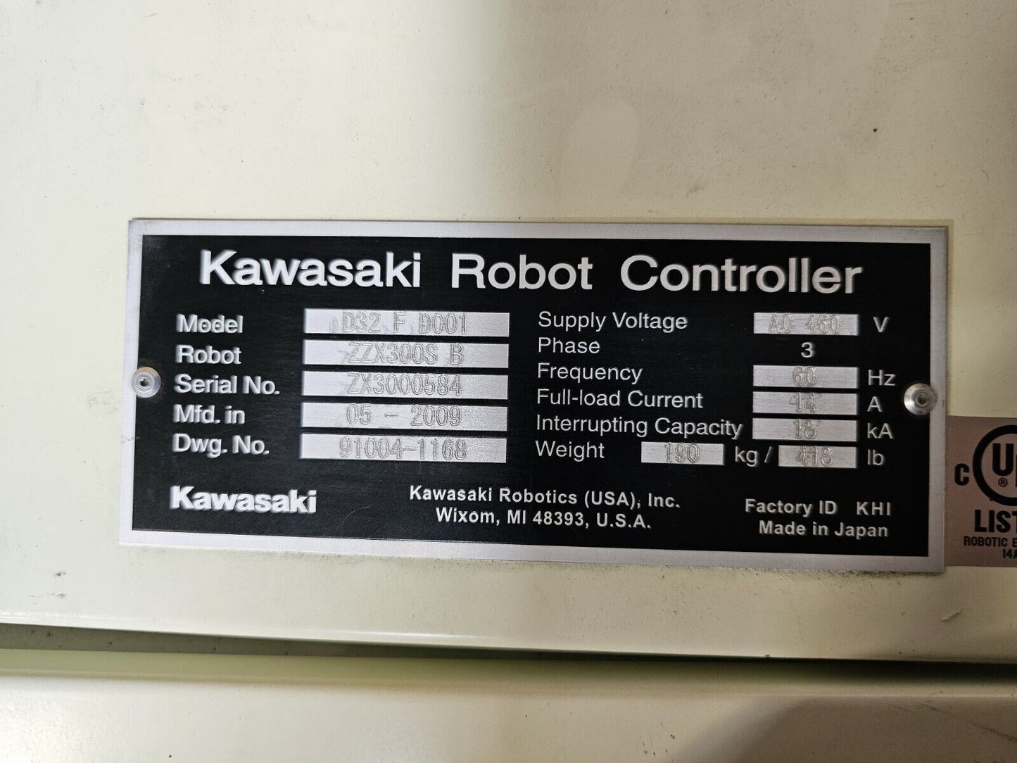 Kawasaki ZZX300S B Robot w/ D32F D001 CONTROL CAB/50817-1347 Teach PENDANT
