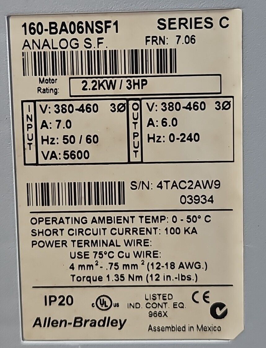 Allen Bradley 160-BA06NSF1 Ser. C Variable Speed Controller.            Loc1B-20