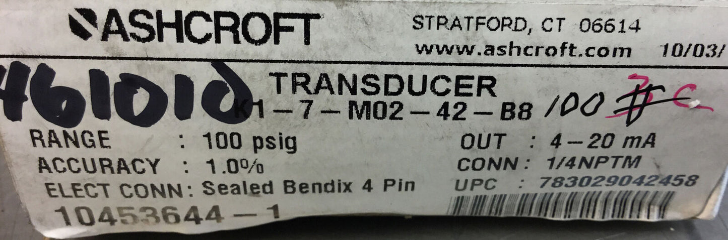 ASHCROFT  K17M0242B8100#  Transducer 100 PSIG 10-36VDC   6B