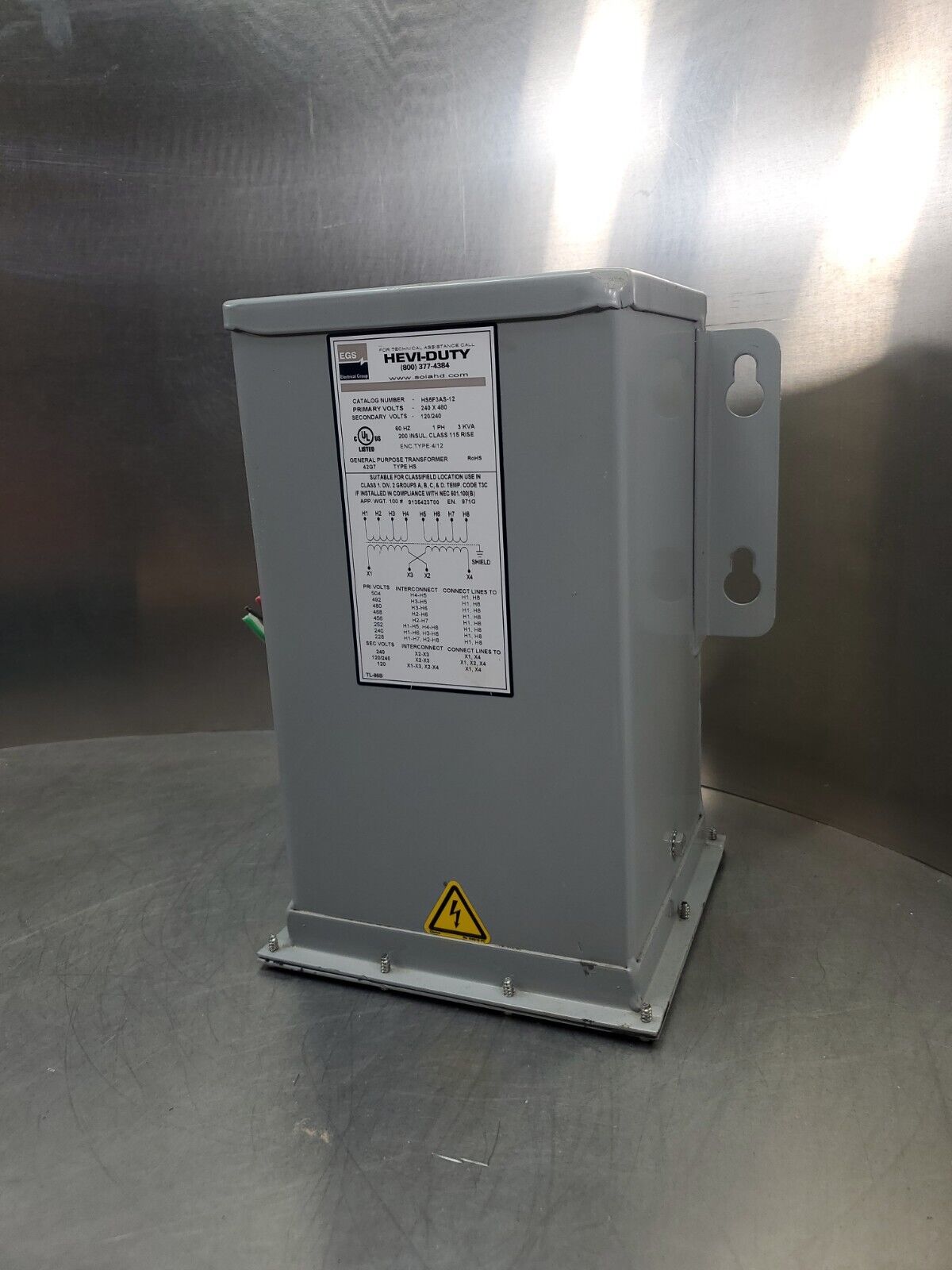 EGS Hevi-Duty HS5F3AS-12 Transformer PRI 240 x 480 SEC 120/240, 3 KVA.        4F