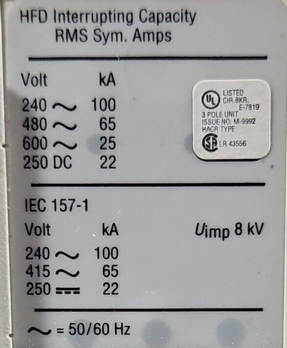 Cutler-Hammer HFD3020L 20A Circuit Breaker (HFD 65K).             Loc 4H