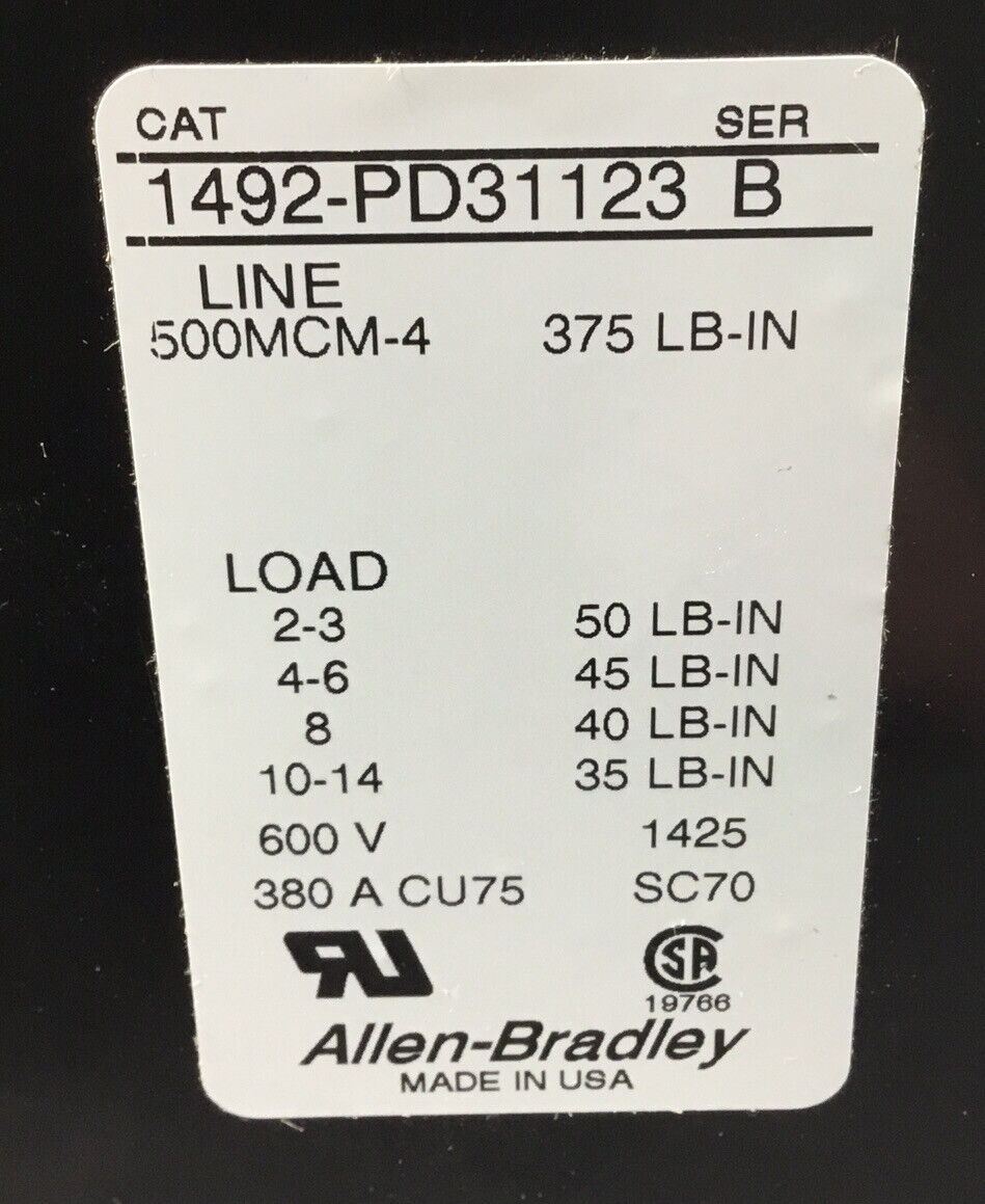 Allen Bradley  1492-PD31123 /B  Power Distribution Block, Aluminum, 3PH, 380A 4B