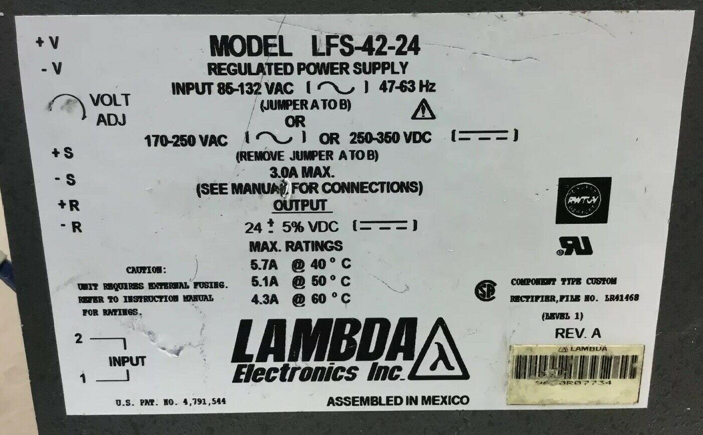LAMBDA REGULATED POWER SUPPLY LFS-42-24 Rev.A    Loc.4A