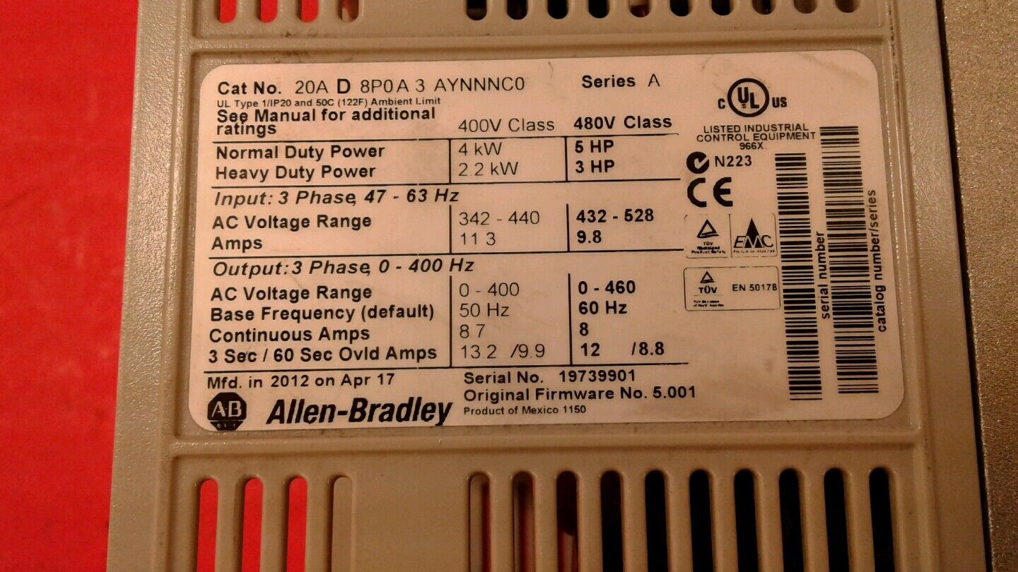 Allen-Bradley - PF70, AC DRIVE, 480 V  3 PH 3-5HP  8P0A 3 AYNNNC0.      1F