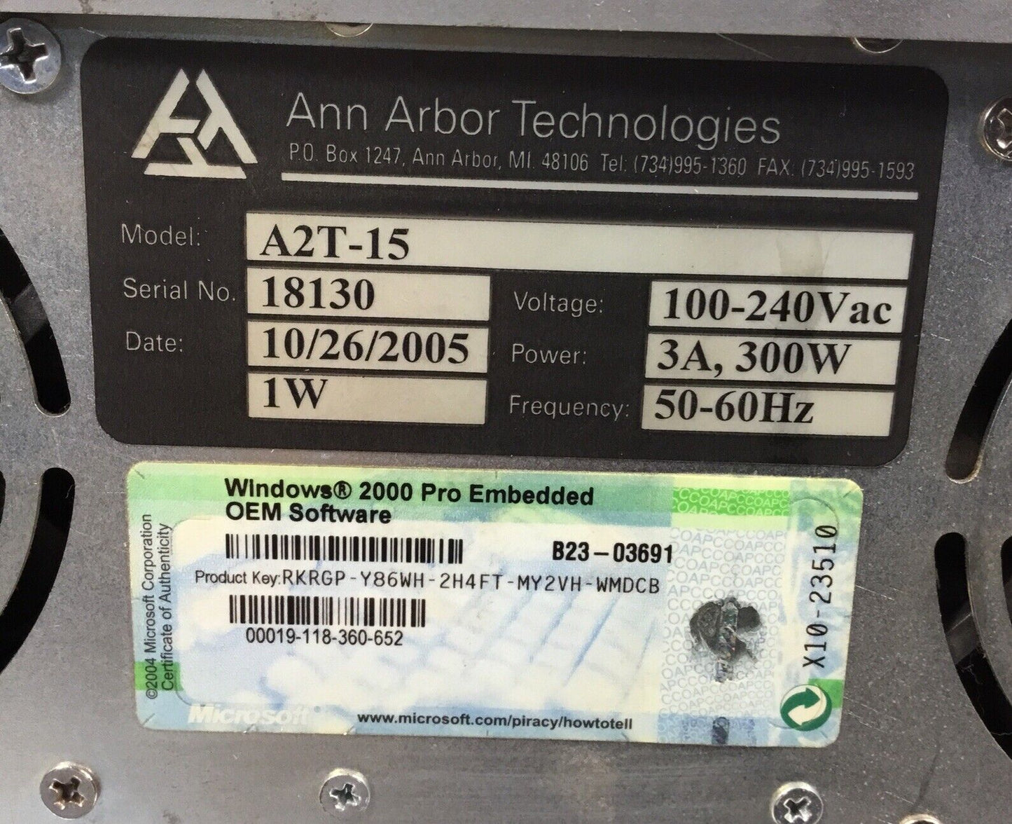 Ann Arbor Technologies A2T-15  Panel Mount Touchscreen Computer 100-240V 3A  2E