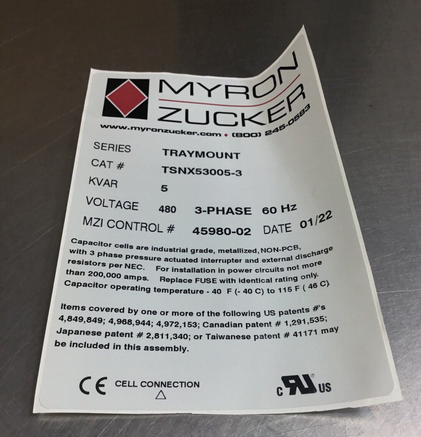 Myron Zucker Trymount Capacitor  TSNX53005-3 5 KVAR 480V 3Ph    4B