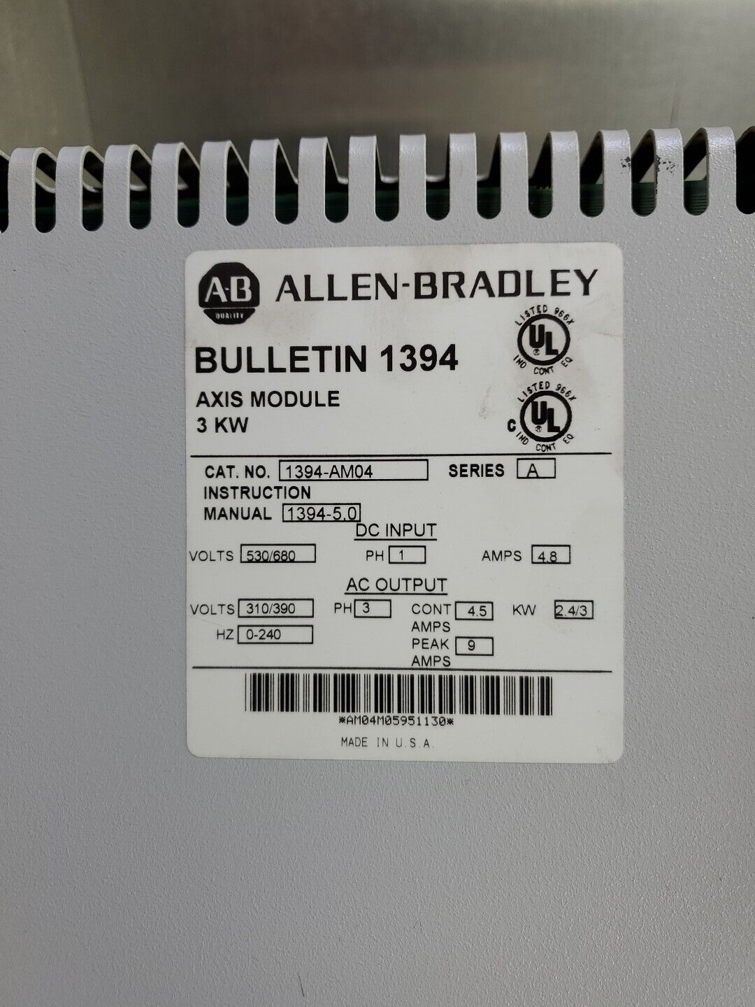 Allen Bradley 1394-AM04 Ser A Servo Controller Module 3KW.                    1D