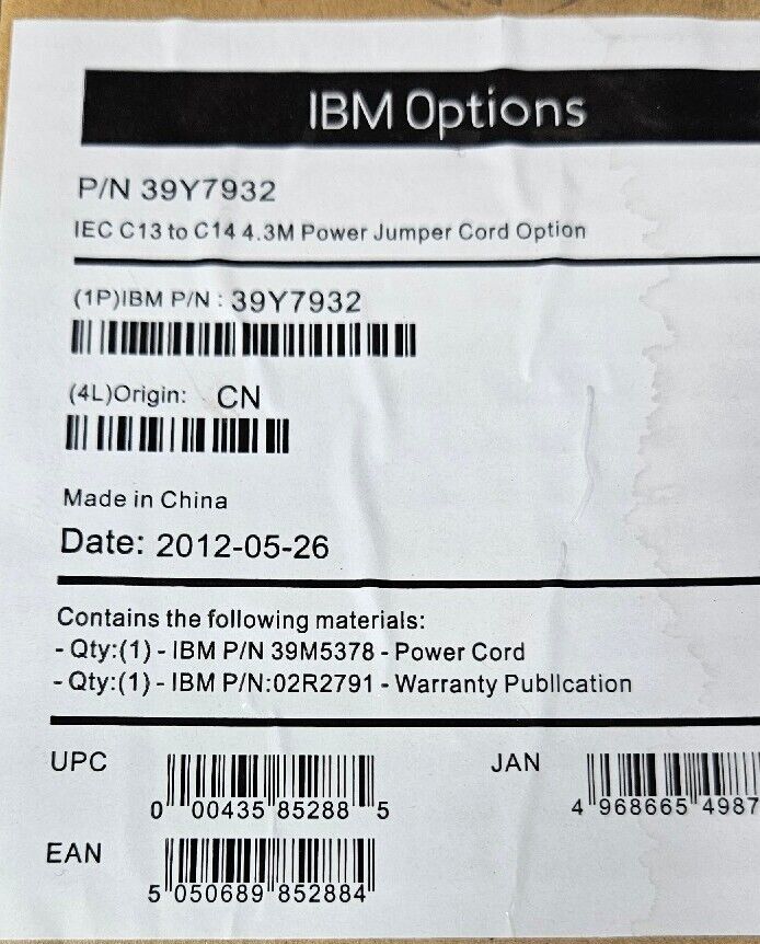 IBM 39Y7932 - IBM Power Cable - 12 ft                        Loc 5E-12