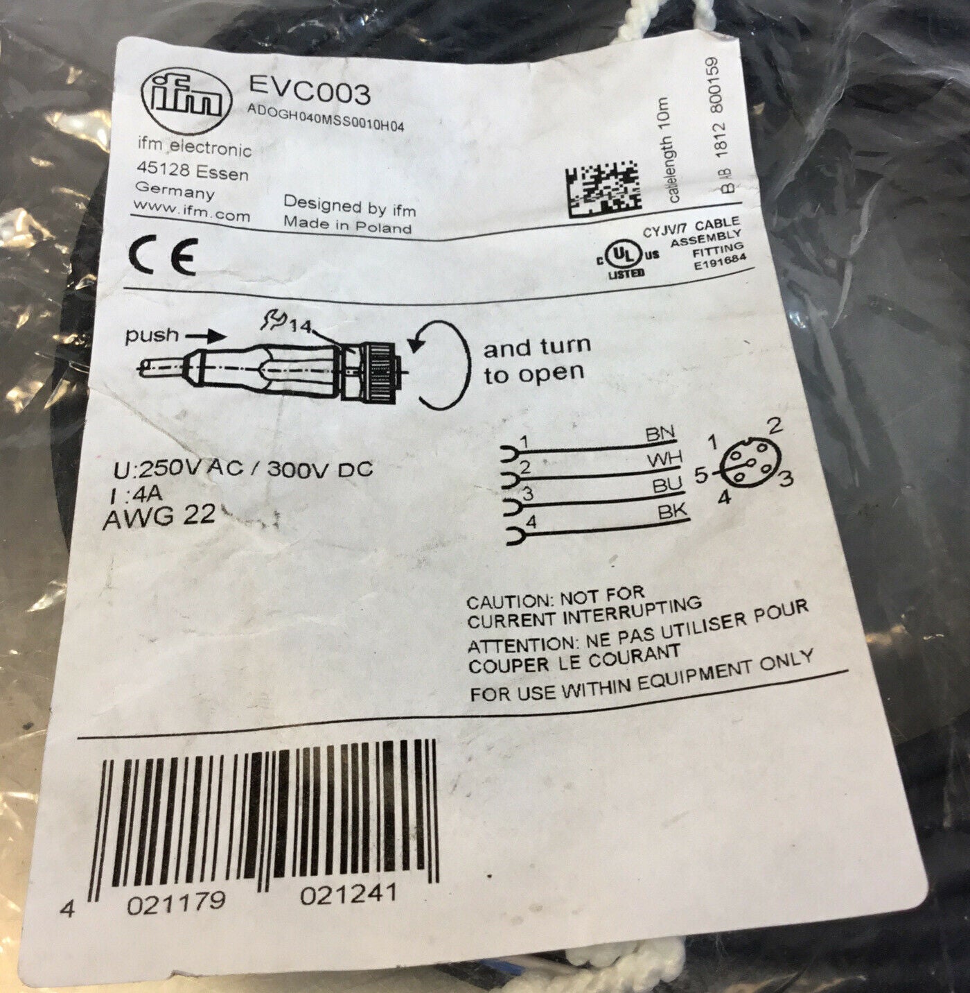 IFM  EVC003  Female Cordset ADOGH040MSSS0010H04     5E