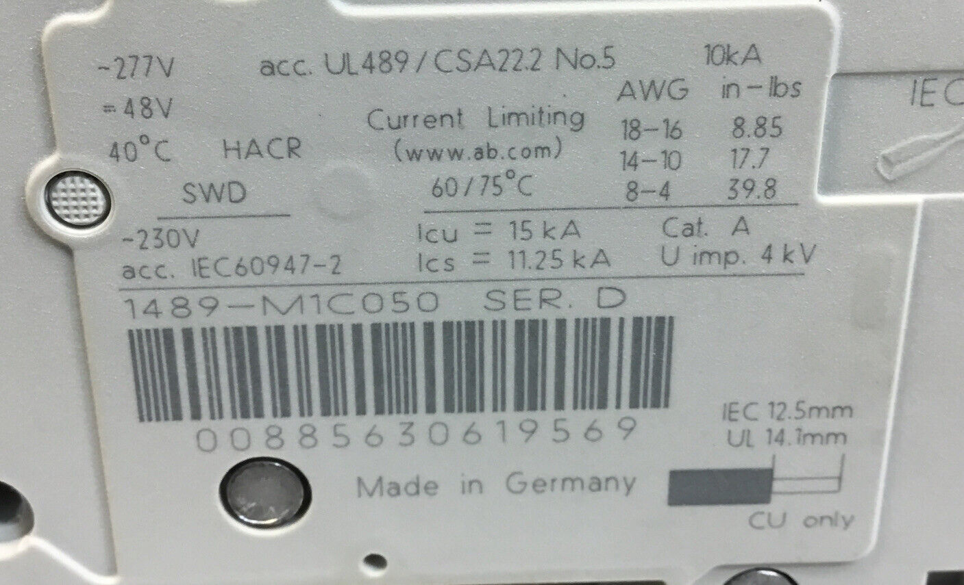 ALLEN BRADLEY  1489-M1C050 / D  5A 1 Pole      4G
