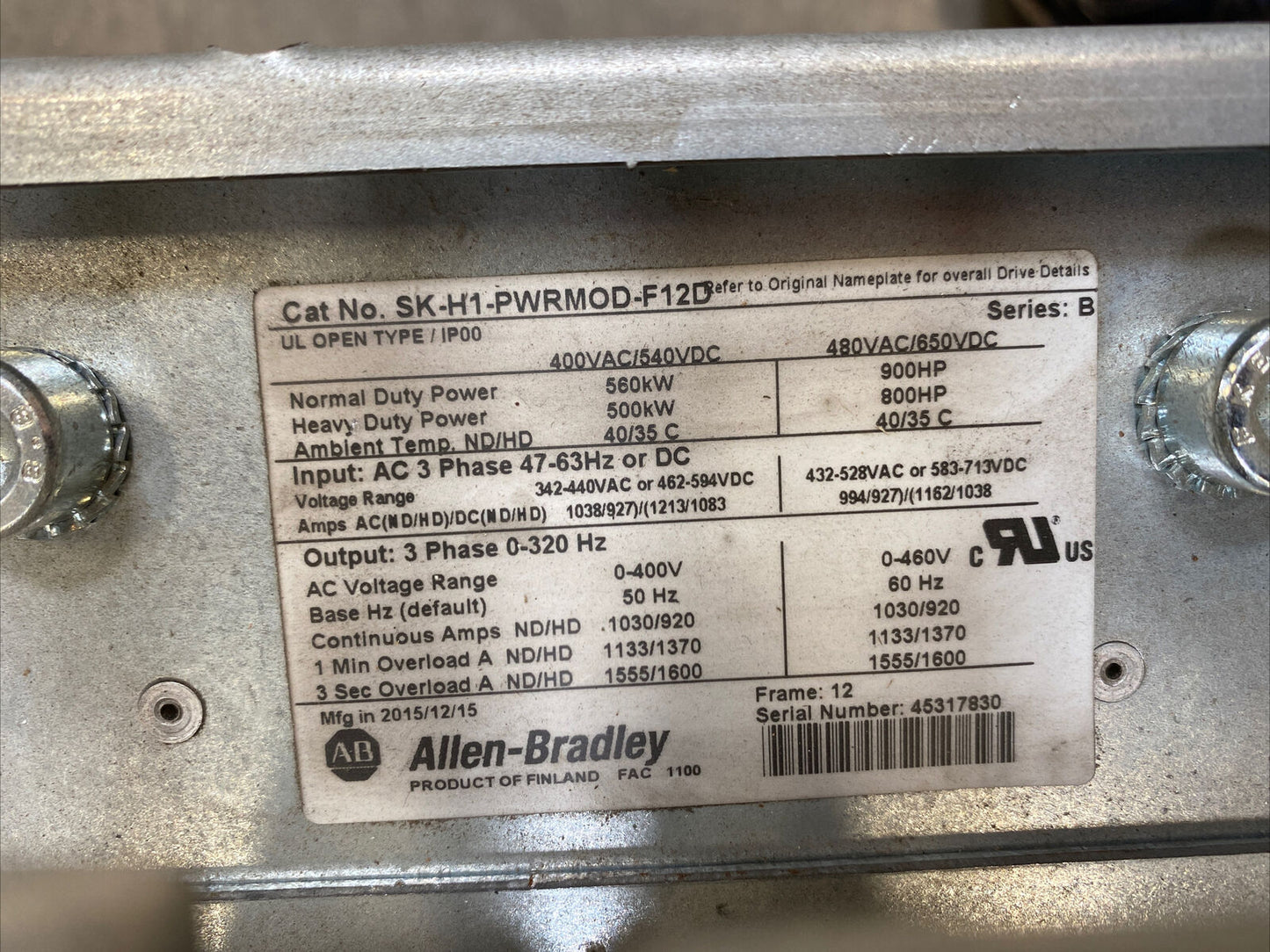 Allen Bradley SK-H1-PWRMOD-F12D Series B Drive RAJ1K0NNNN Model ID: 14311023  F1