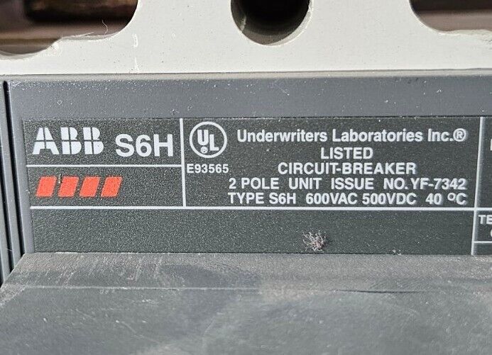 ABB S6H SACE S6 600VAC 500VDC 3 Pole Breaker.                           Loc5E-25