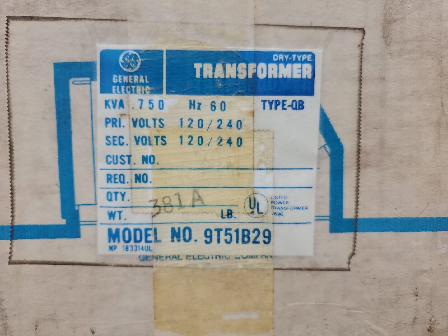GE 9T51B29 .750kVA 60Hz TYPE-QB Transformer, 120/240V.                     4E-28