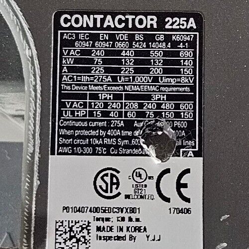 CARLO GAVAZZI CC225 225A 3PH 600VAC Contactor                             Loc 4G