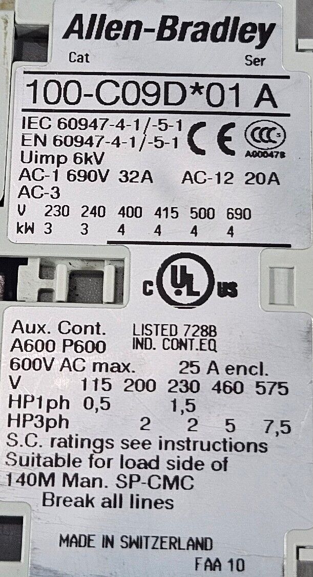 Allen Bradley 100-C09*01 Contactor.  Series A.                         Loc 4A-22