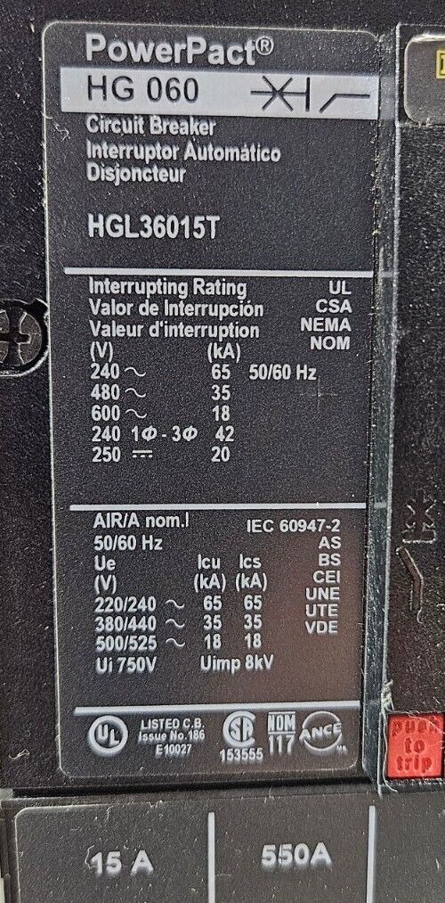 Square D HGL36015T Power Pact 3-Pole Thermal Magnetic Circuit Breaker.  Loc4B-26