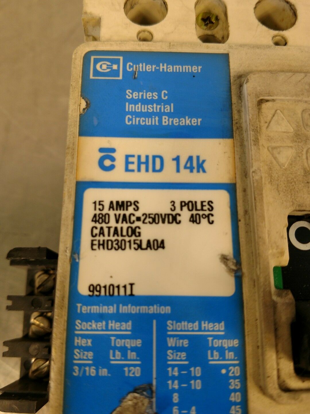 Cutler-Hammer EHD 14K Circuit Breaker 15 Amp Ser C - EHD3015LA04            4E-7