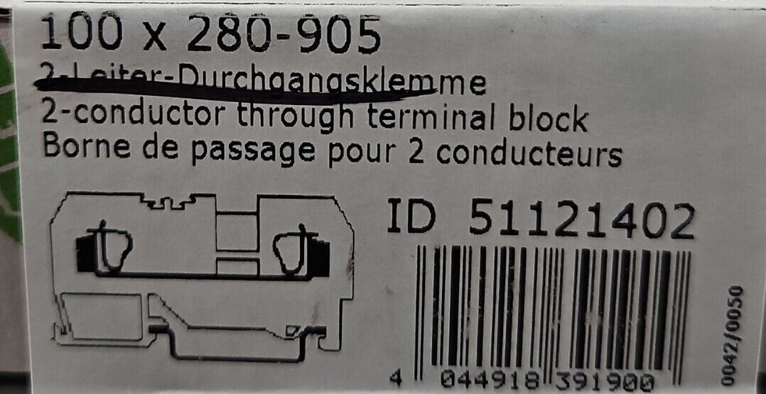 WAGO 280-905 Conductor Through Terminal Block. Box with 100.           Loc 3E-32