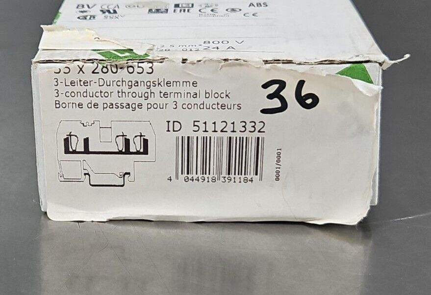 WAGO 280-653 Conductor Through Terminal Block - Lot of 36.              Loc3D-28