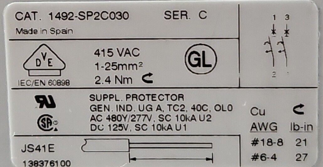 ALLEN-BRADLEY 1492-SP2C030 CIRCUIT BREAKER.                                4D-20