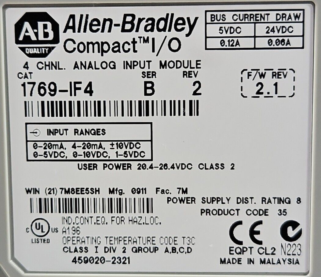Allen-Bradley 1769-IF4 Ser B. PLC Input Module.                            3D-25