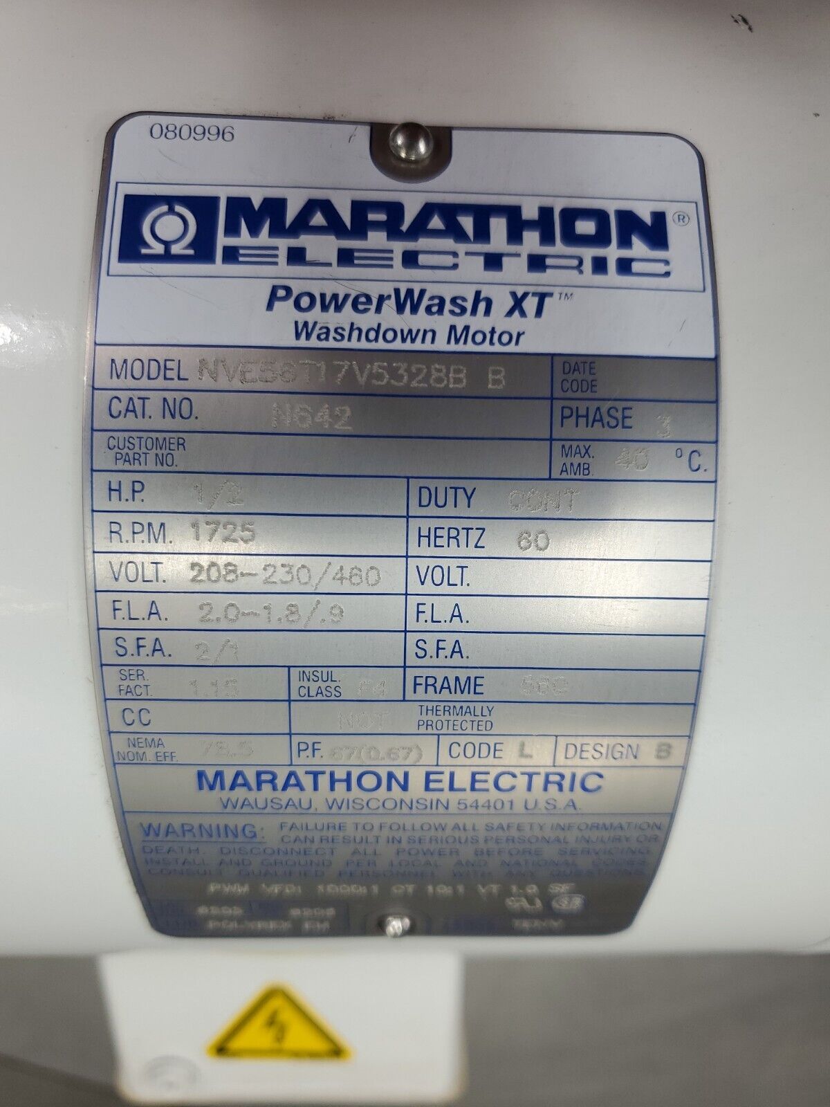 MARATHON POWERWASH XT 1/2 HP 1725RPM WASHDOWN MOTOR.                          1E