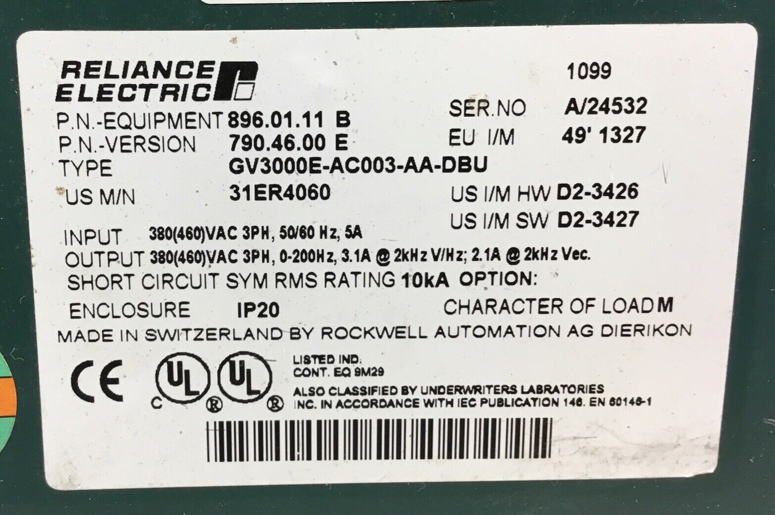 RELIANCE 31ER4060 / GV3000E-AC003-AA-DBU AC SENSORLESS DRIVE 460V 1E ...