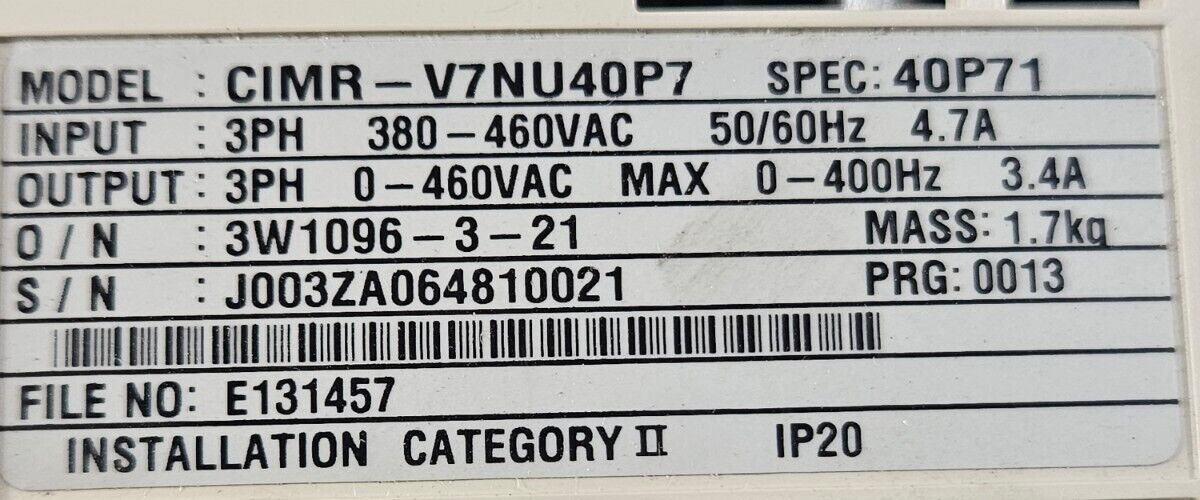 YASKAWA CIMR-V7NU40P7.    Loc 1B-3