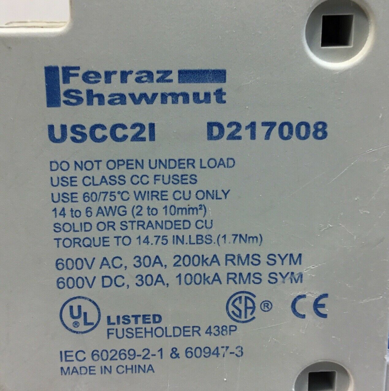 FERRAZ SHAWMUT USCC21 ULTRASAFE FUSE BLOCK HOLDER 30A  600V    4D