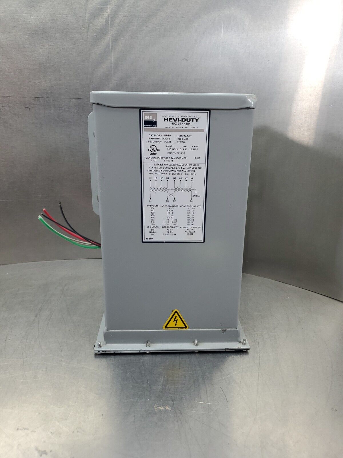 EGS Hevi-Duty HS5F3AS-12 Transformer PRI 240 x 480 SEC 120/240, 3 KVA.        4F