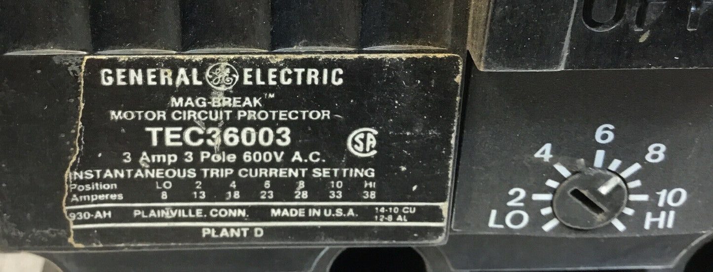 GE  TEC36003  Motor Circuit Breaker 3A 3P 600VAC   4F