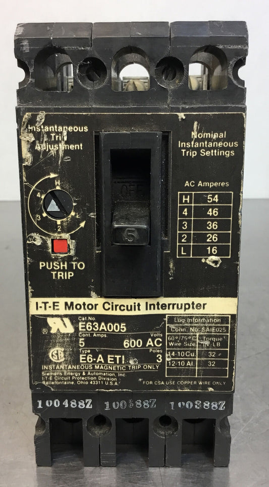 SIEMENS I-T-E  Circuit Interrupter E63A005   5A 3 Pole 600VAC   4F