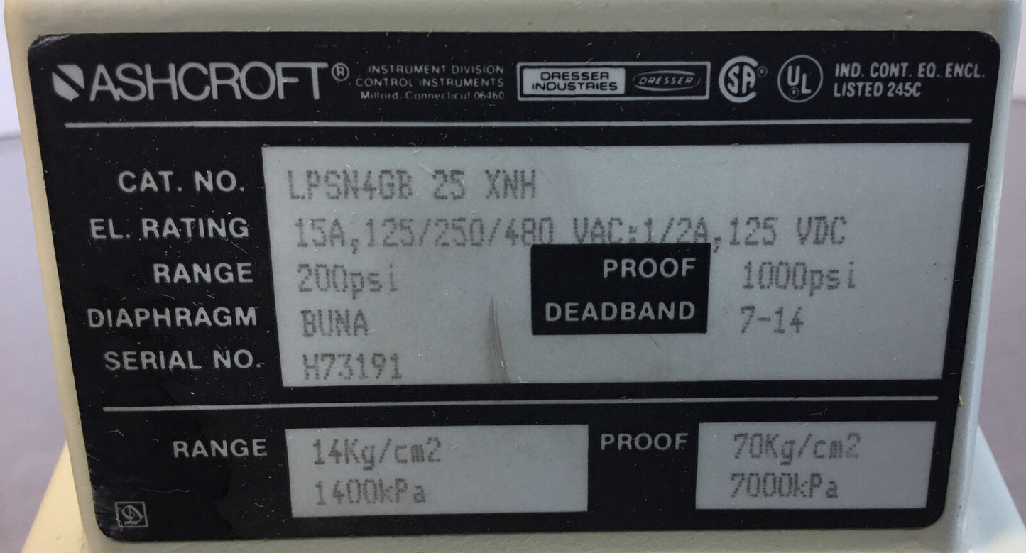 ASHCROFT LPSN4GB 25 XNH SNAP ACTION PRESSURE SWITCH 200PSI     6B