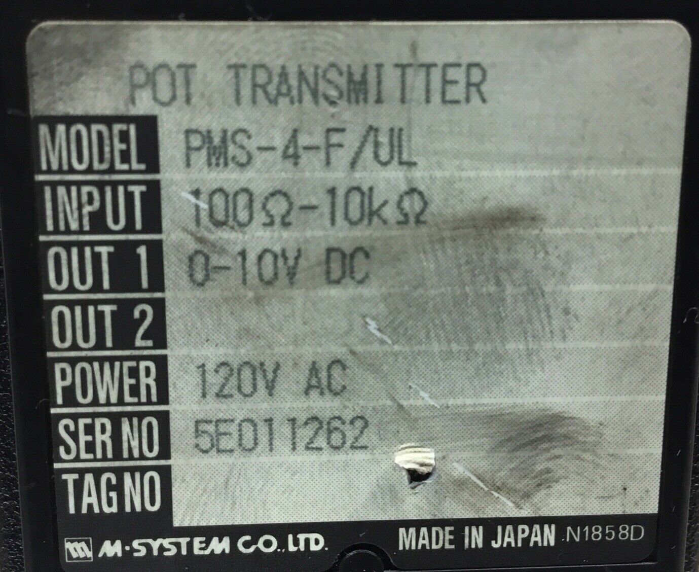 M-SYSTEM PMS-4-F/UL POT TRANSMITTER 120VAC     4H