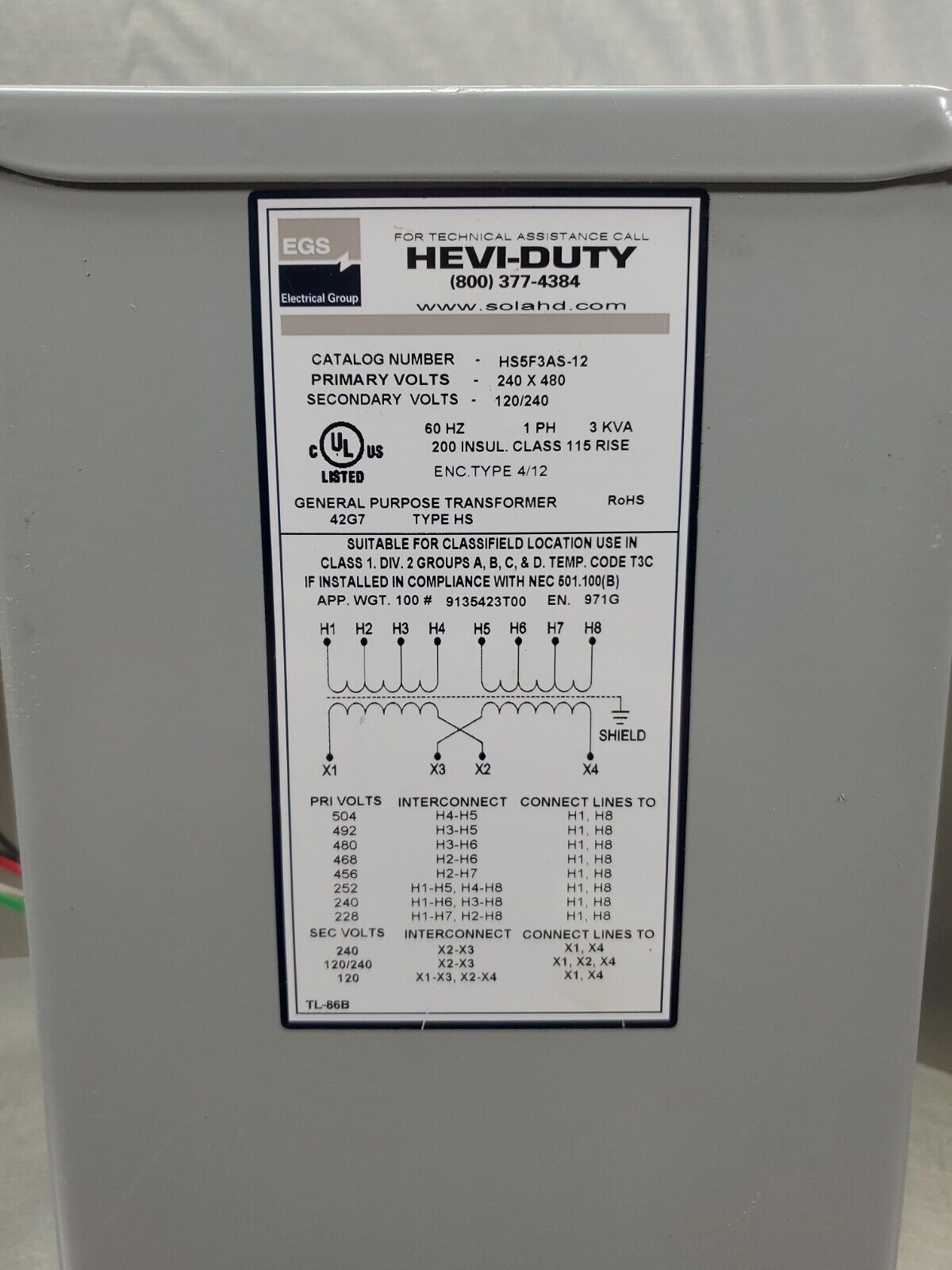 EGS HeviDuty HS5F3AS12 Transformer PRI 240 x 480 SEC 120/240, 3 KVA
