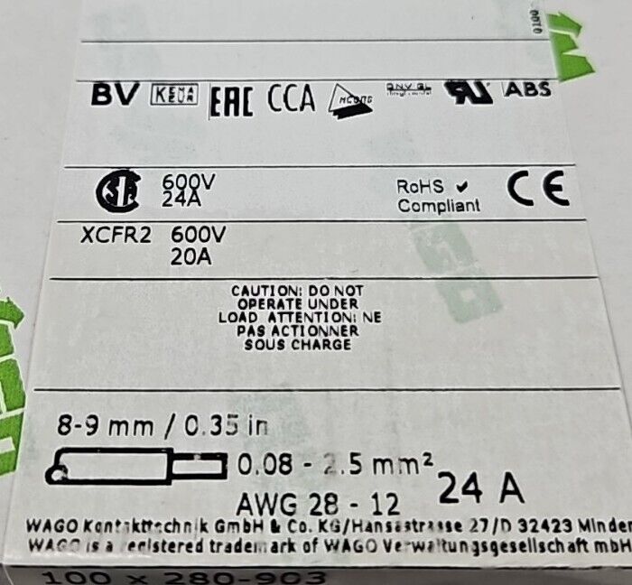 WAGO 280-903 Conductor Through Terminal Block. Box with 100.           Loc 3E-47
